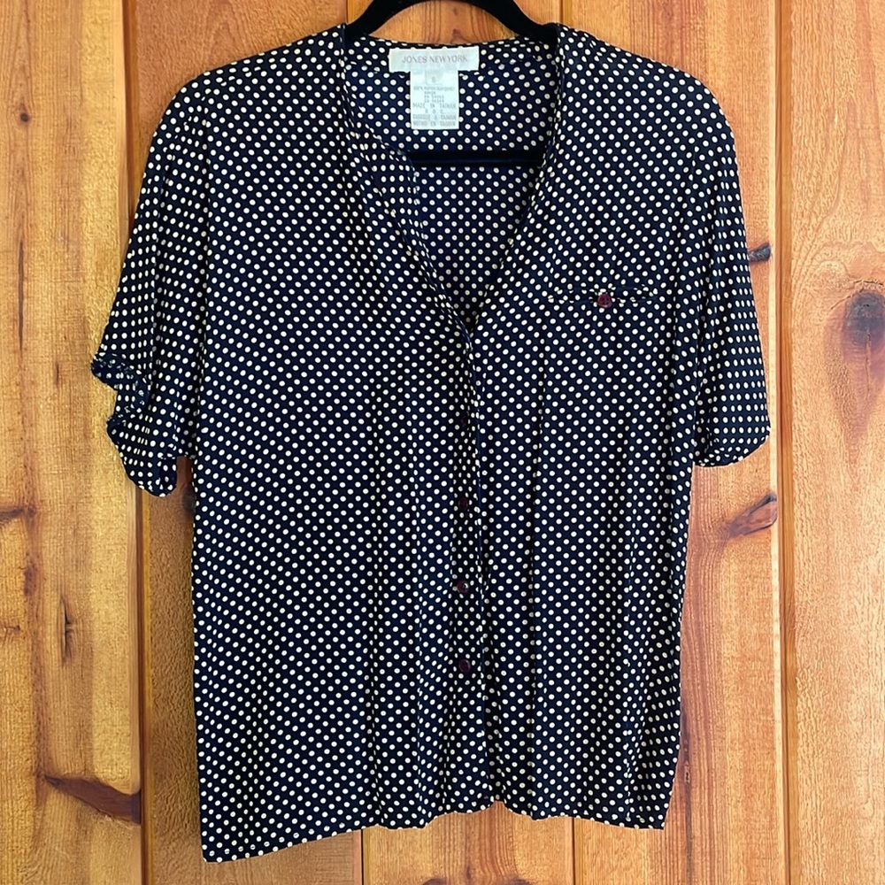 Dark Navy with Beige/Cream Polka Dots Button Up Blouse